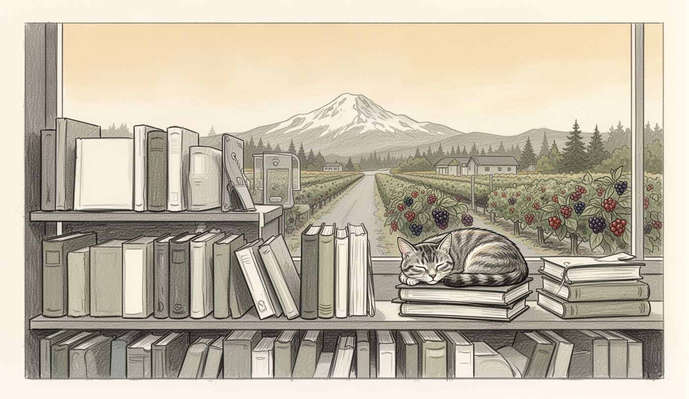 Illustration of a thrift store window in Abbotsford
