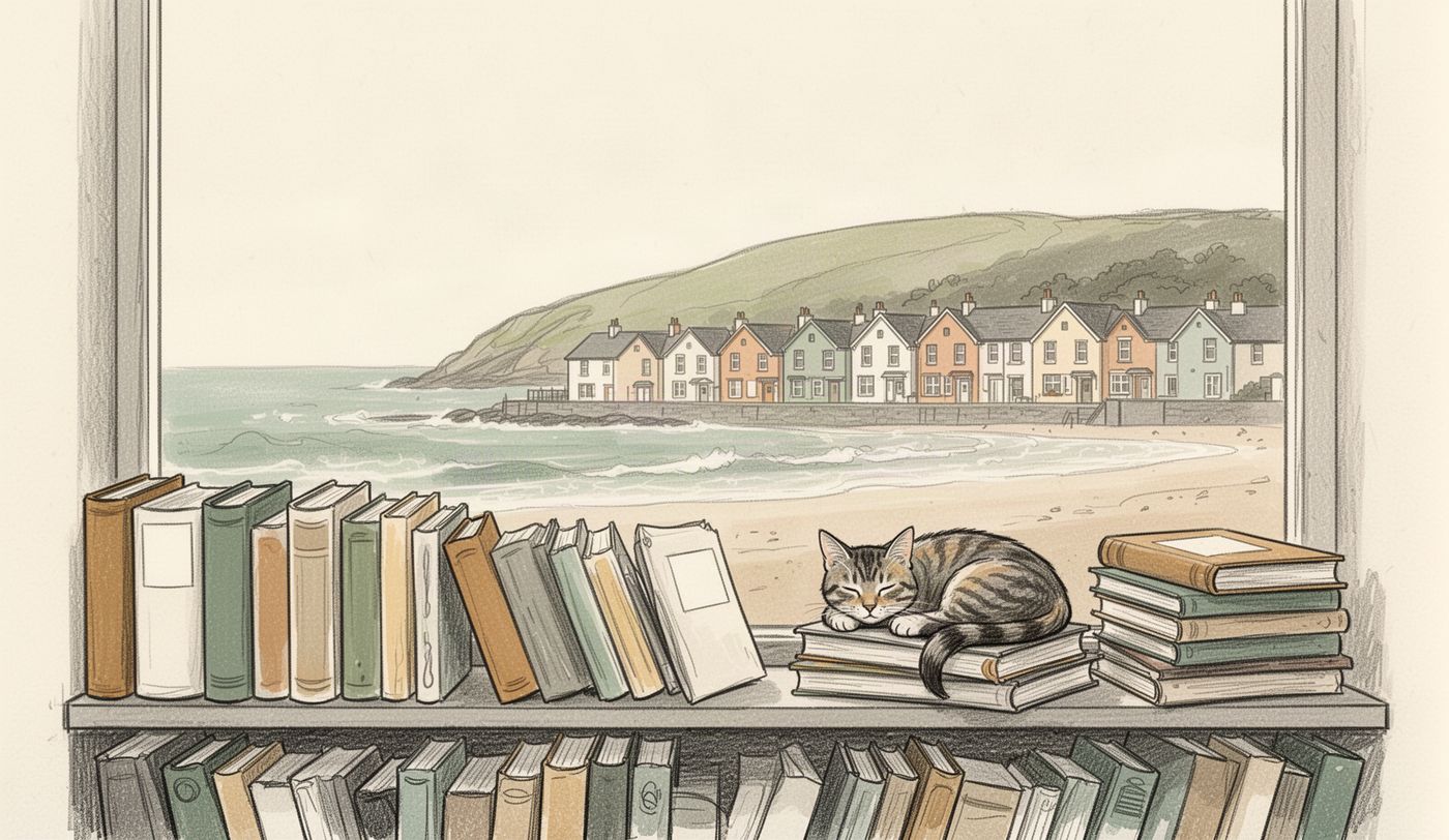 Illustration of a charity shop window in Aberystwyth