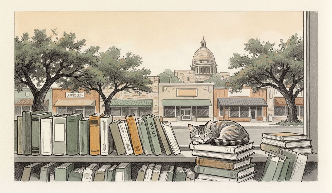 Illustration of a thrift store window in Austin