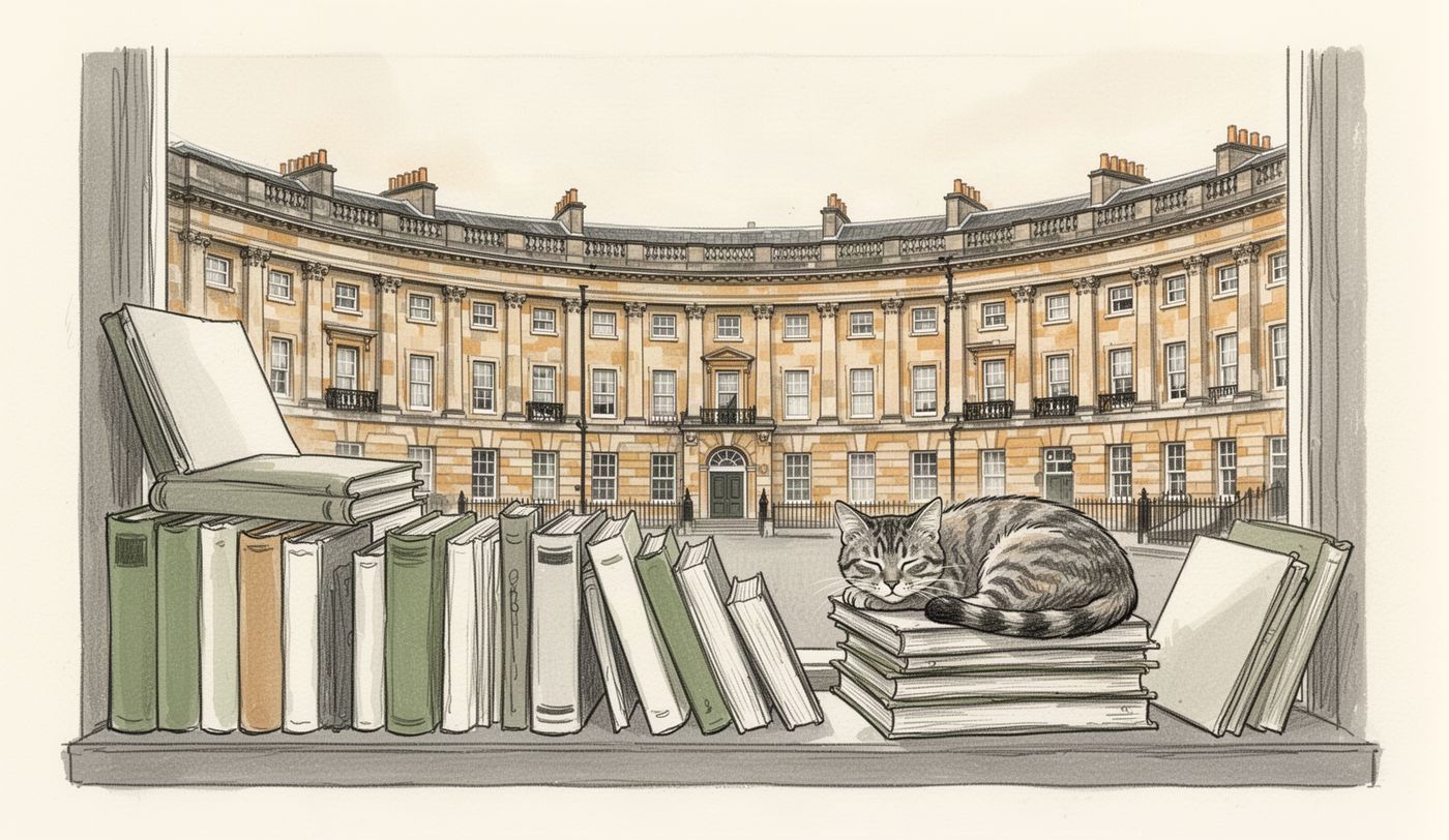 Illustration of a charity shop window in Bath