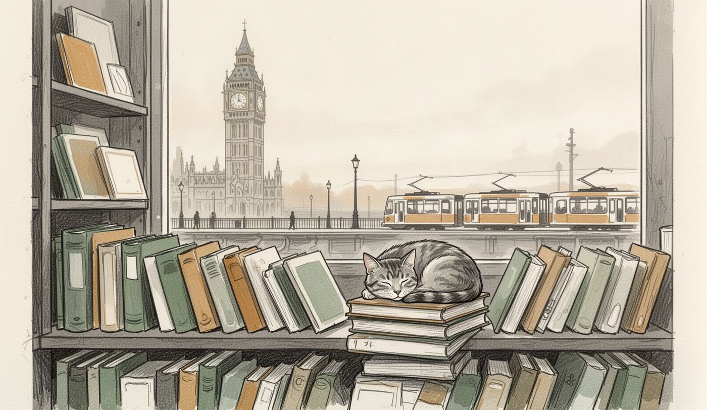 Illustration of a charity shop window in Blackpool
