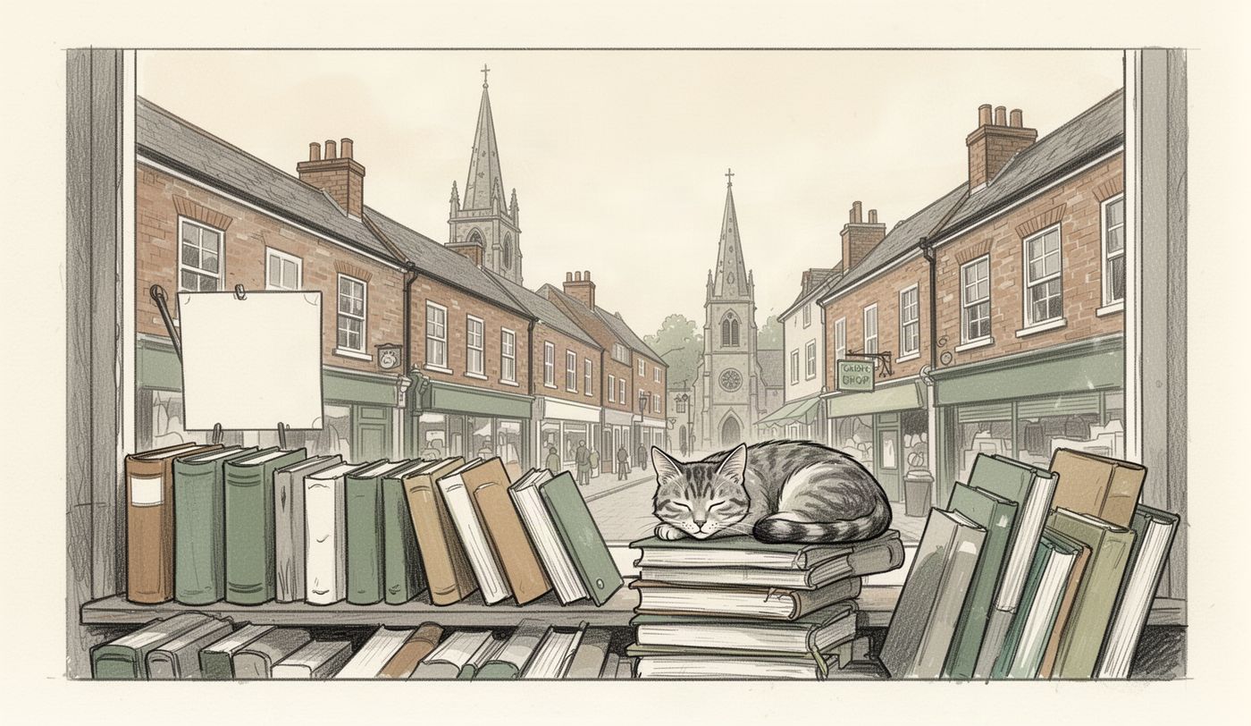 Illustration of a charity shop window in Bolton