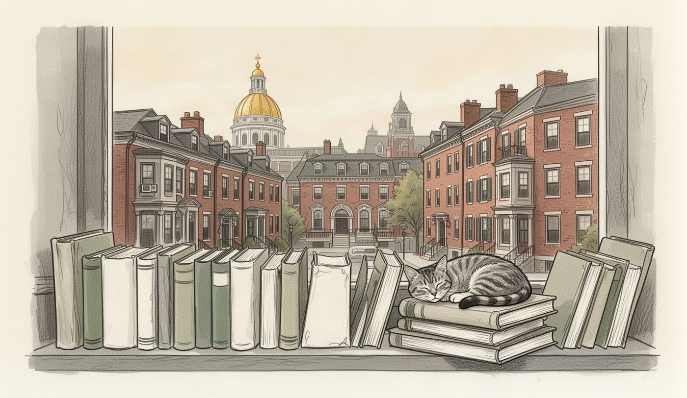 Illustration of a thrift store window in Boston