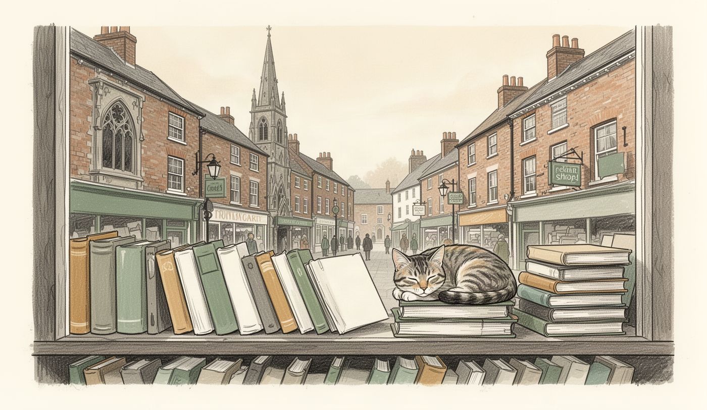 Illustration of a charity shop window in Bradford