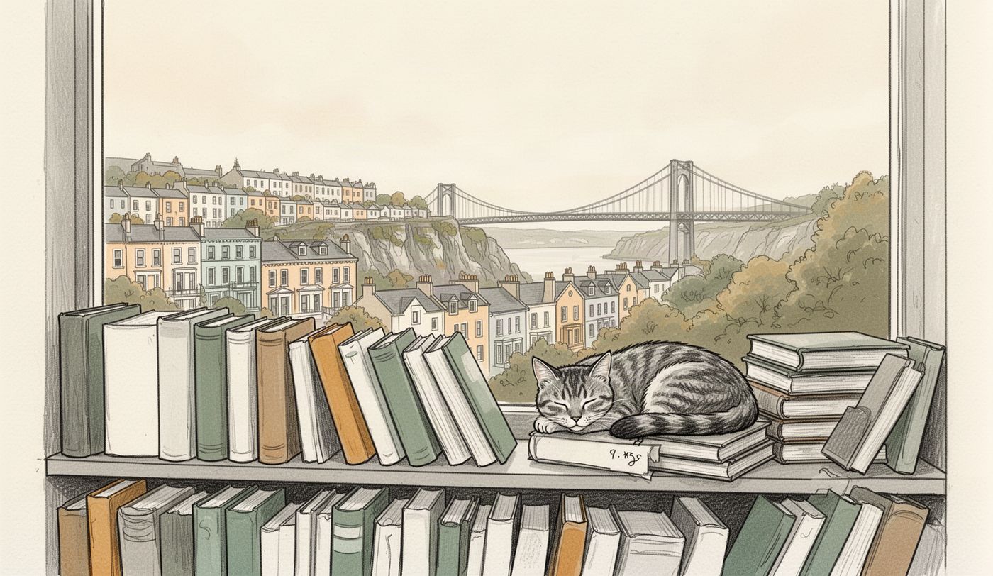 Illustration of a charity shop window in Bristol