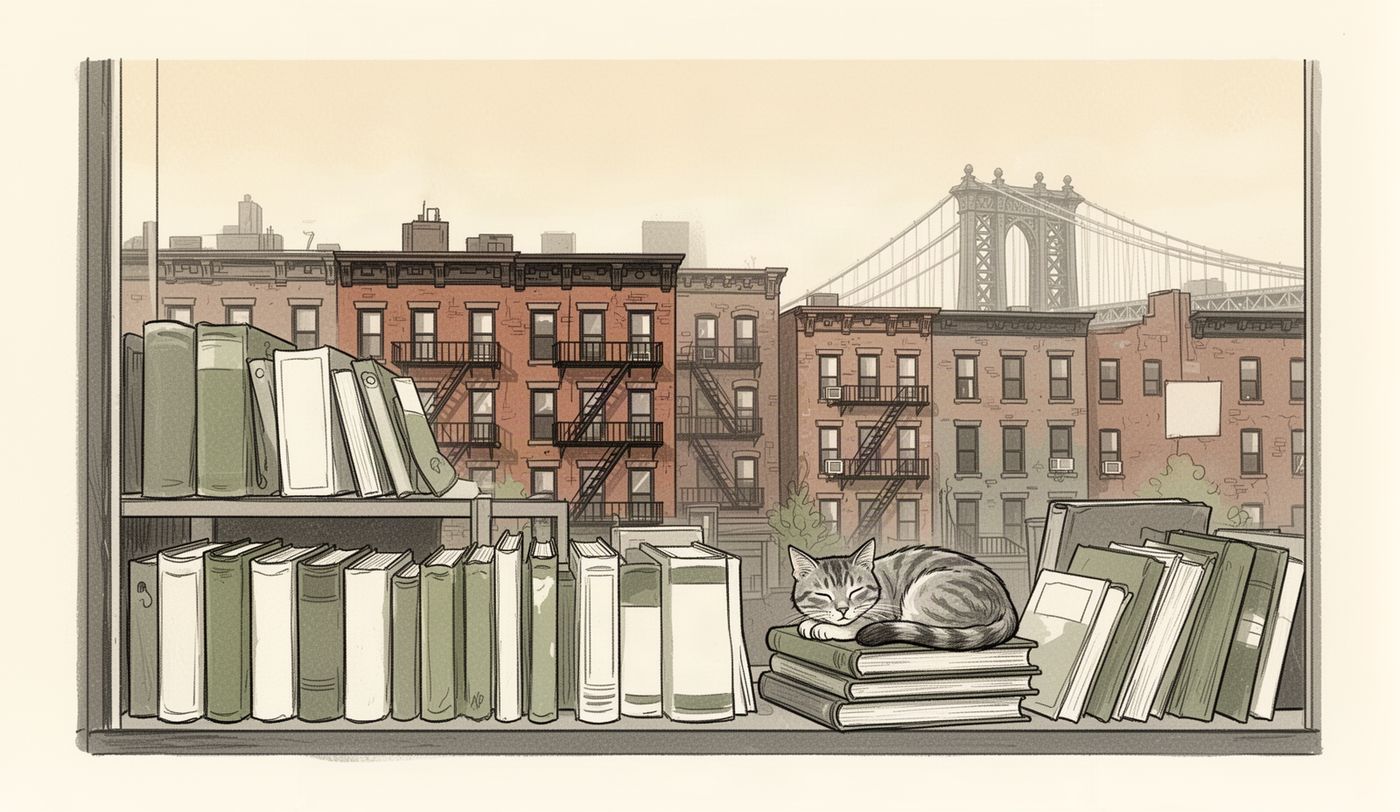 Illustration of a thrift store window in Brooklyn