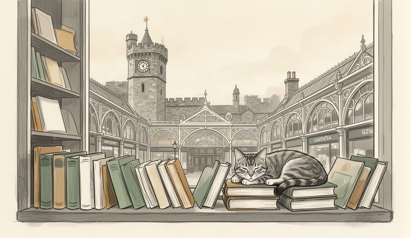 Illustration of a charity shop window in Cardiff