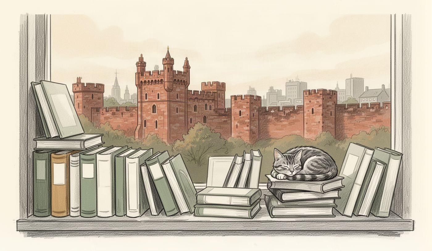 Illustration of a charity shop window in Carlisle