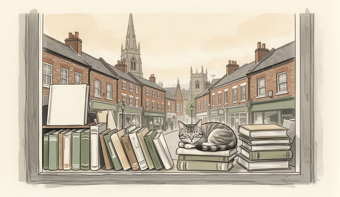 Illustration of a charity shop window in Chelmsford