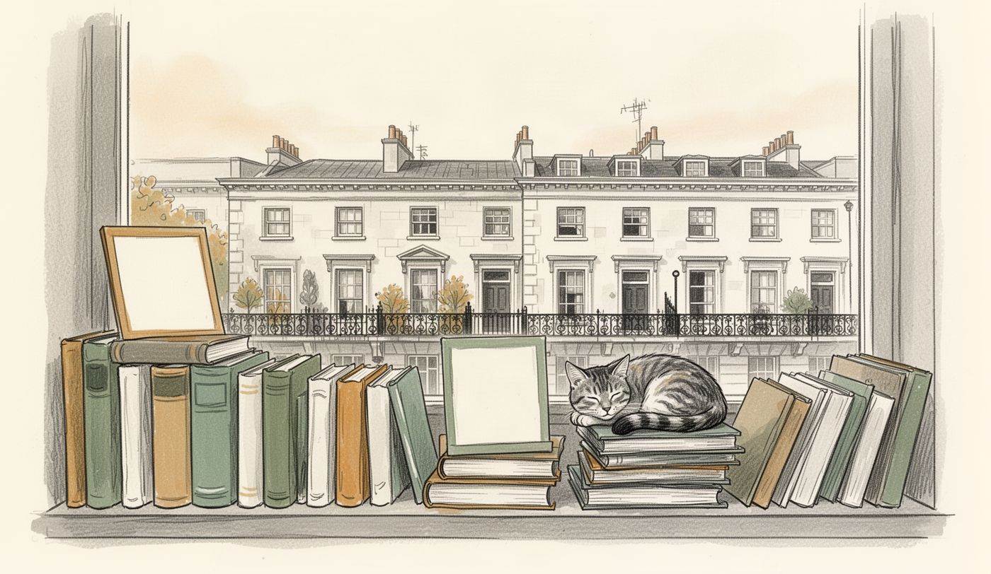 Illustration of a charity shop window in Cheltenham