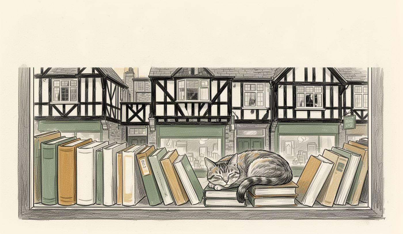 Illustration of a charity shop window in Chester