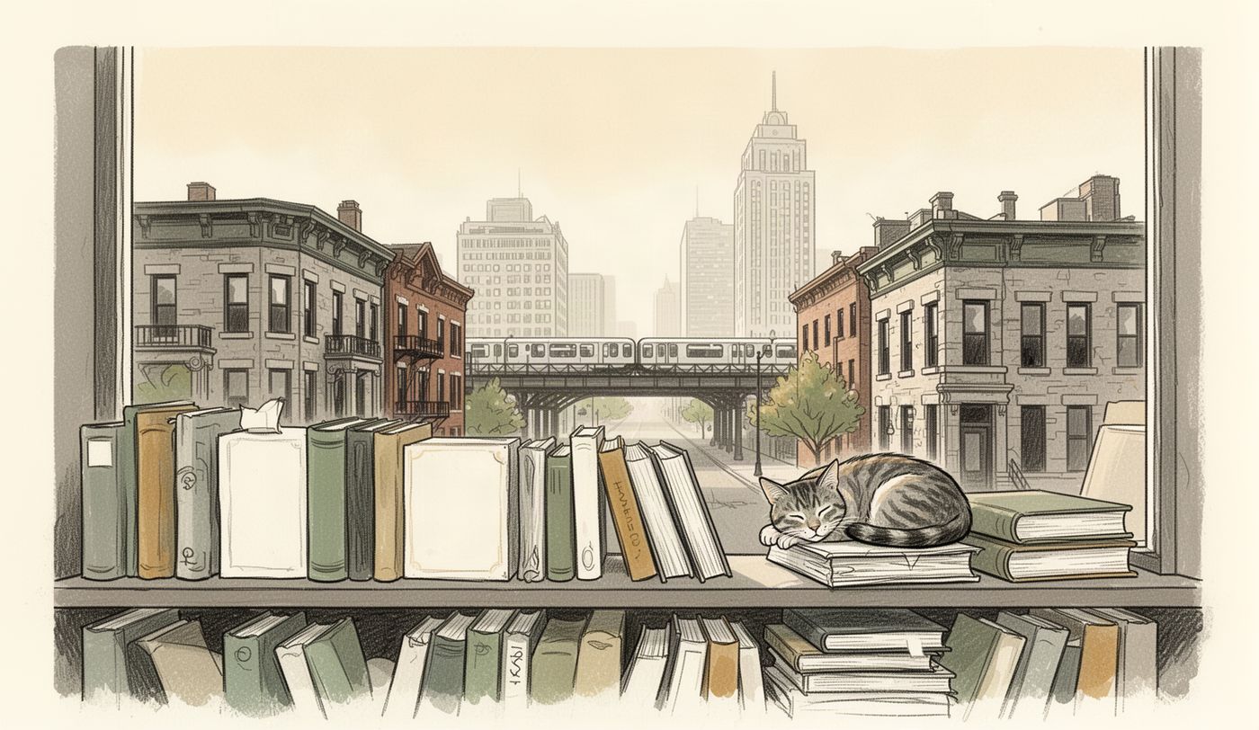 Illustration of a thrift store window in Chicago