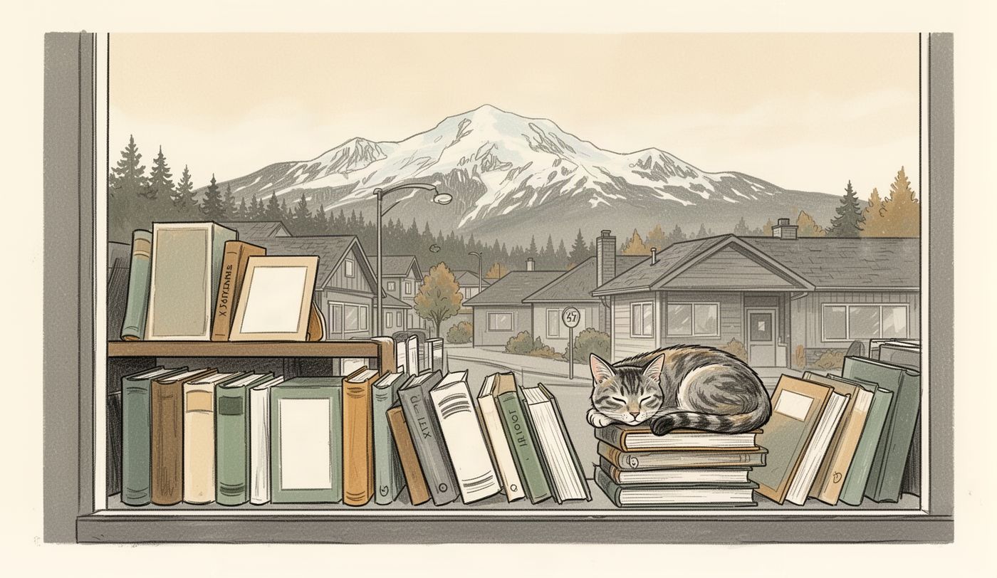 Illustration of a thrift store window in Courtenay
