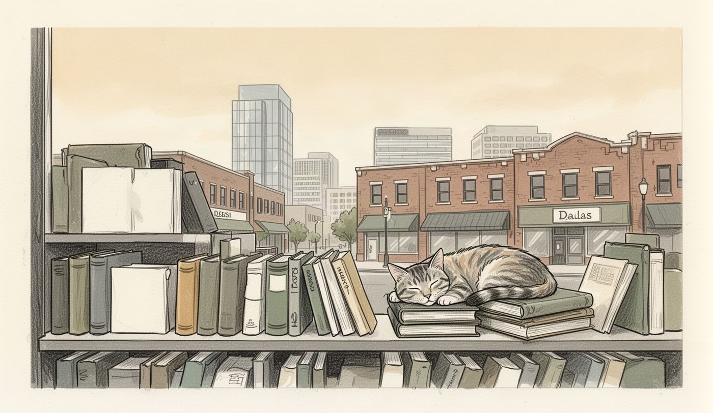 Illustration of a thrift store window in Dallas