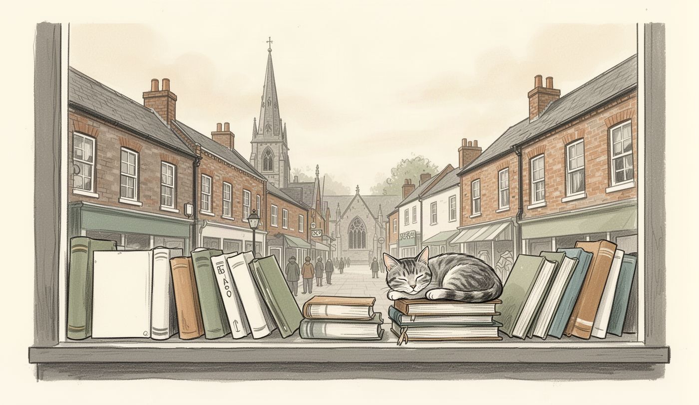 Illustration of a charity shop window in Derby