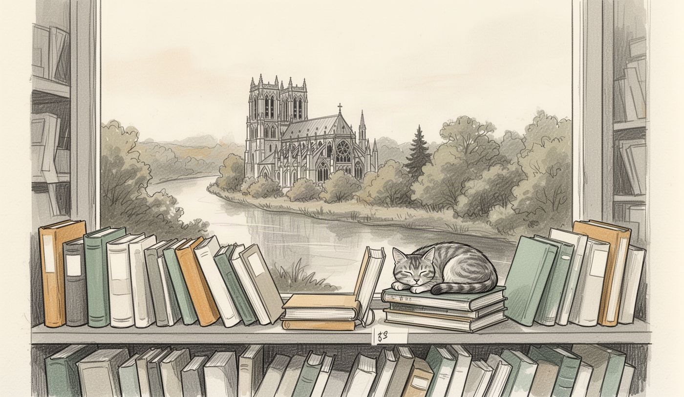 Illustration of a charity shop window in Durham