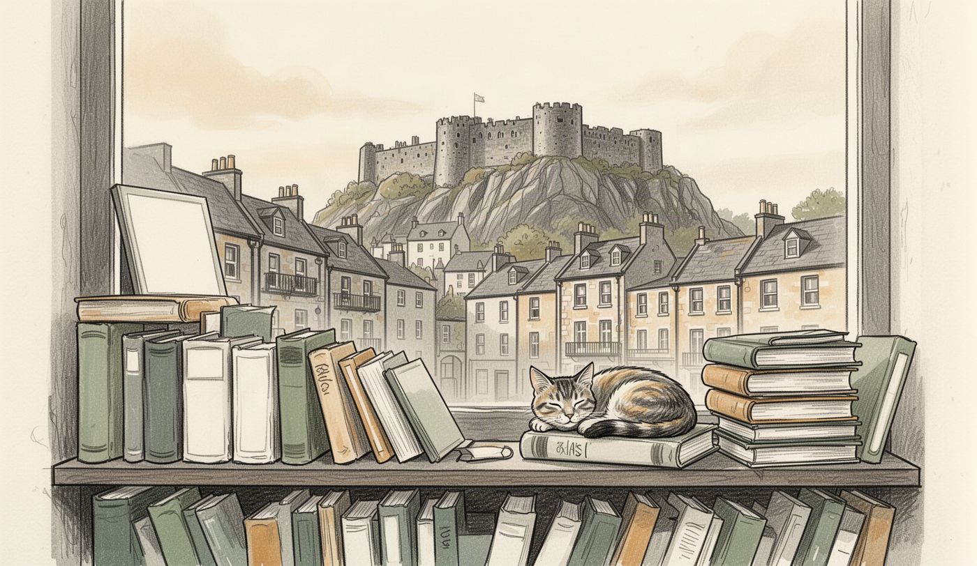 Illustration of a charity shop window in Edinburgh