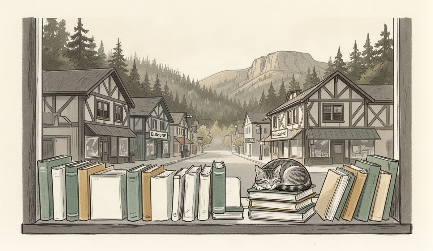Illustration of a thrift store window in Eugene