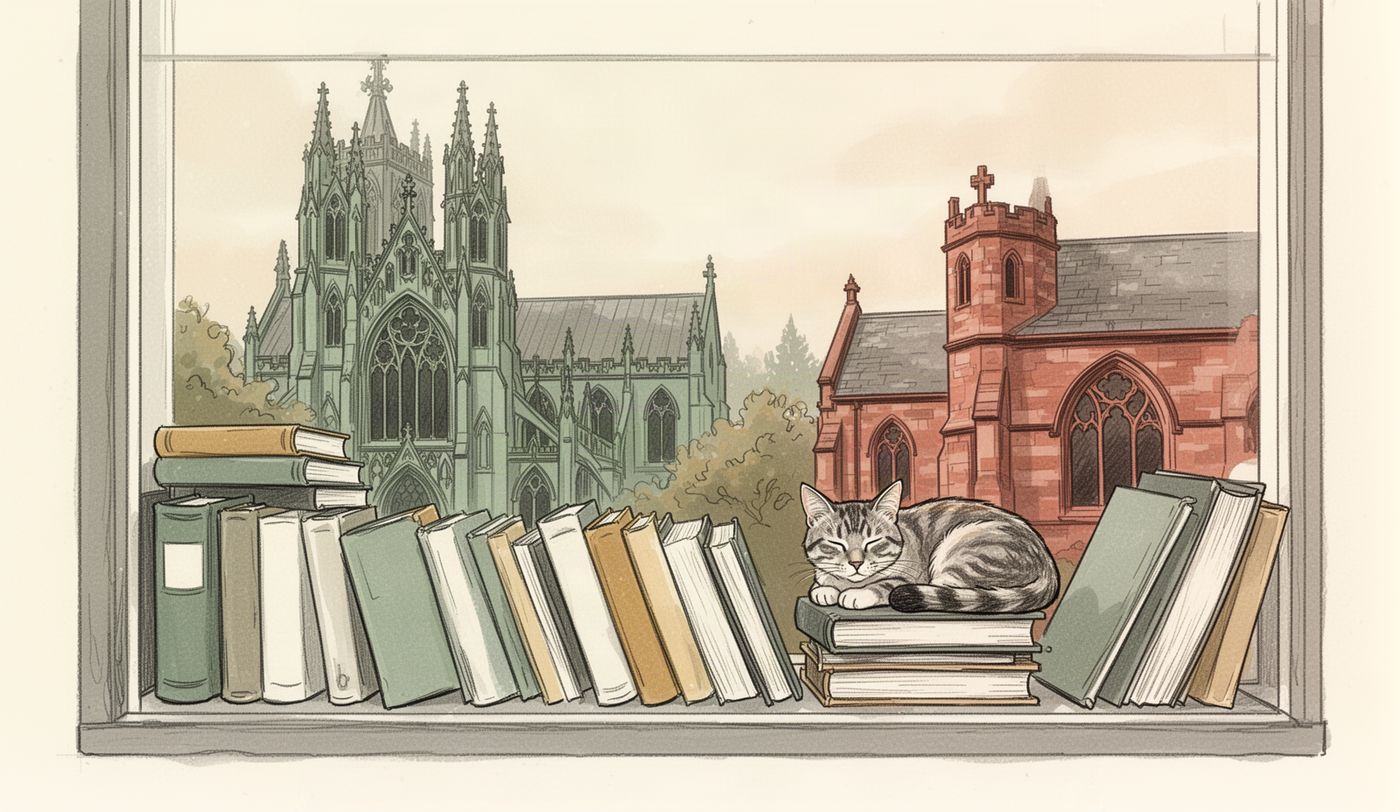 Illustration of a charity shop window in Exeter