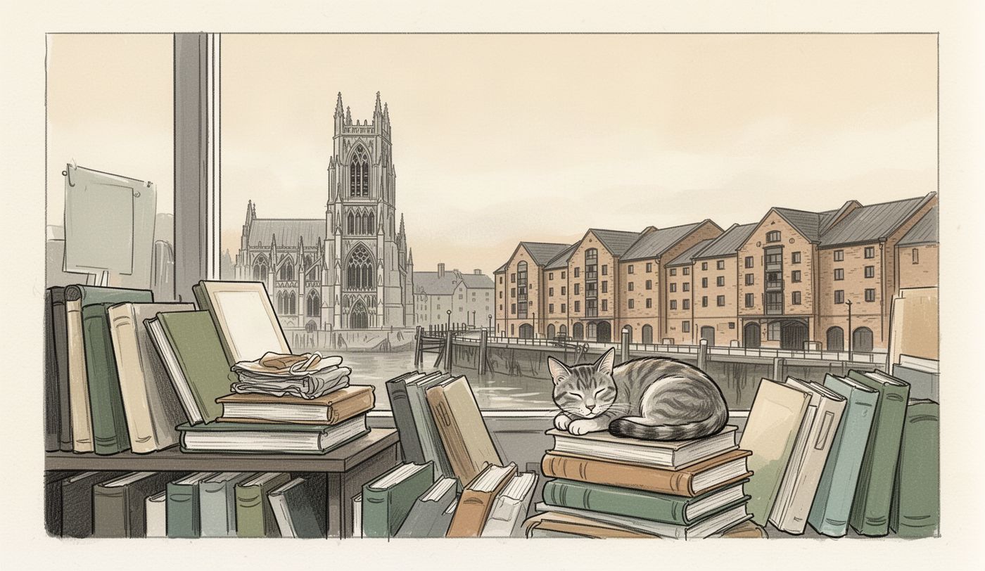 Illustration of a charity shop window in Gloucester