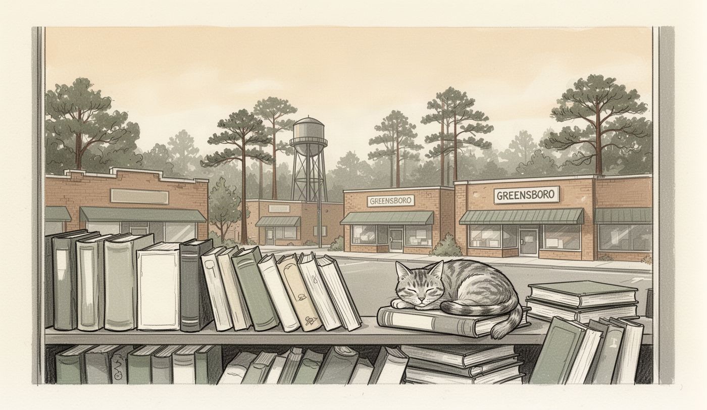 Illustration of a thrift store window in Greensboro