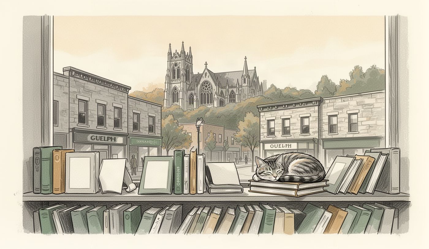 Illustration of a thrift store window in Guelph