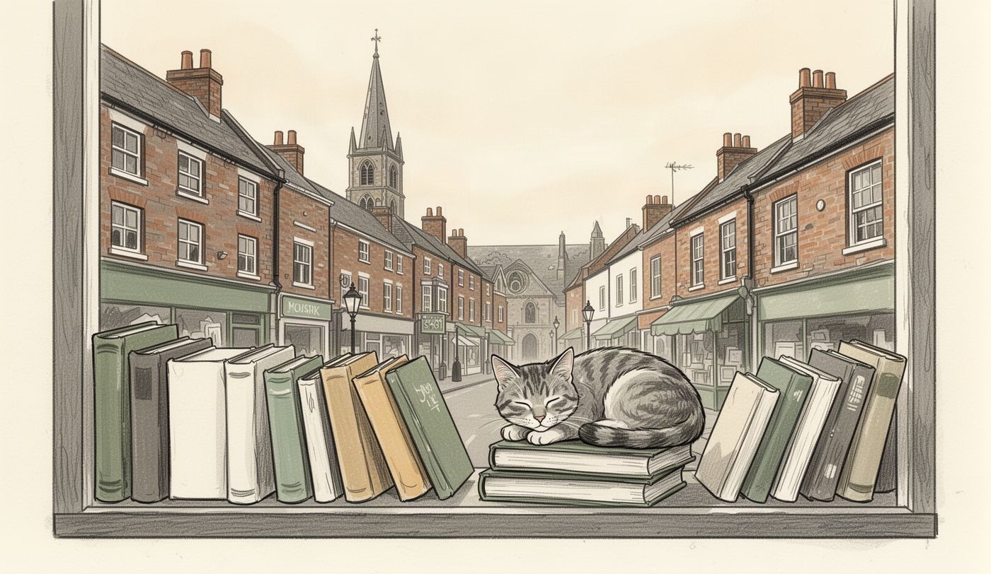 Illustration of a charity shop window in Guildford