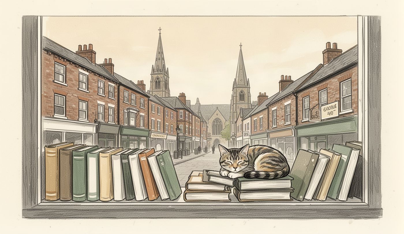 Illustration of a charity shop window in Halifax