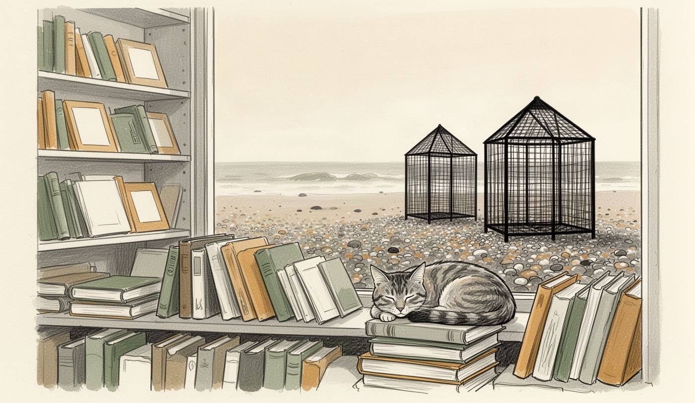 Illustration of a charity shop window in Hastings