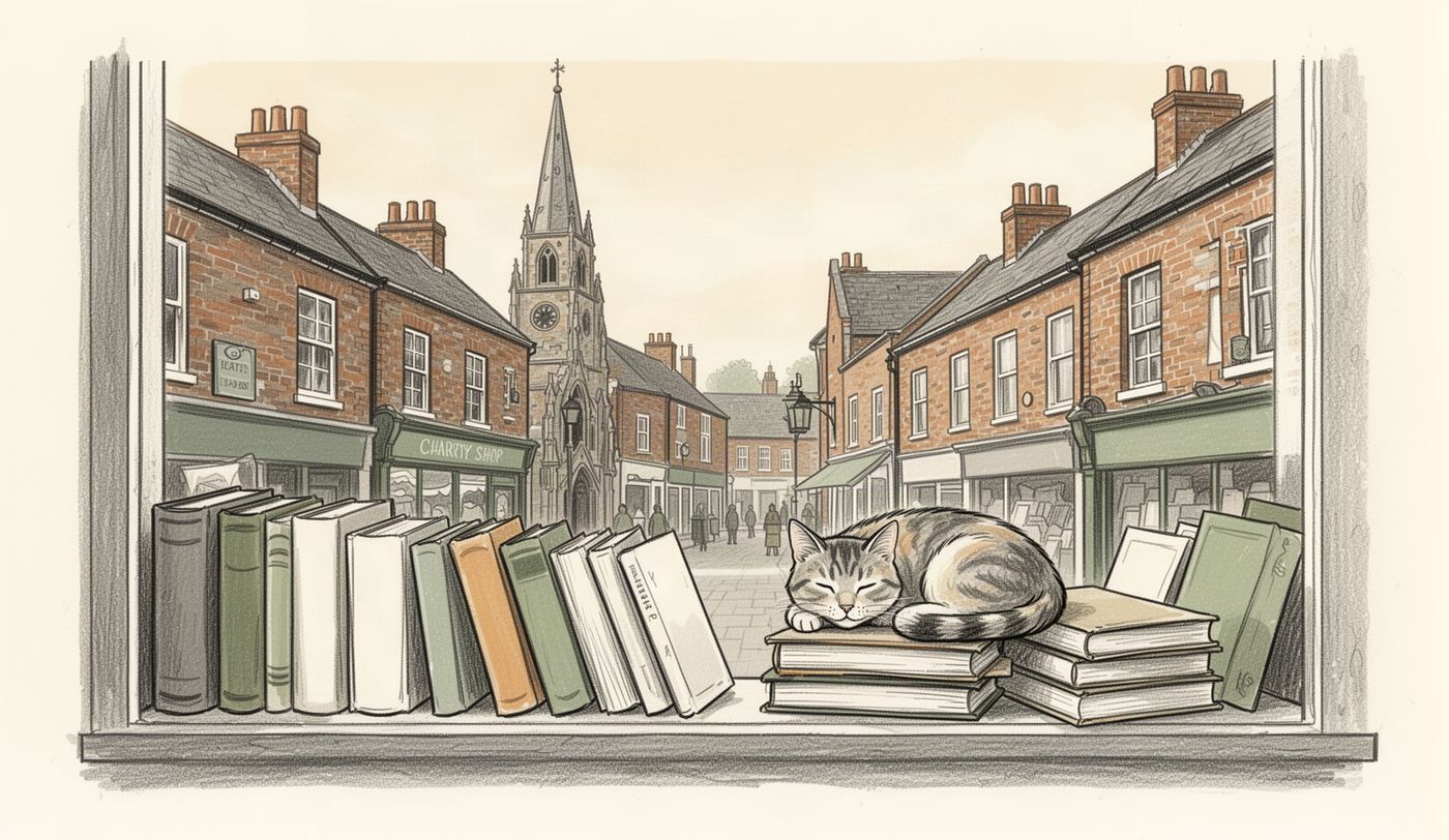 Illustration of a charity shop window in Huddersfield