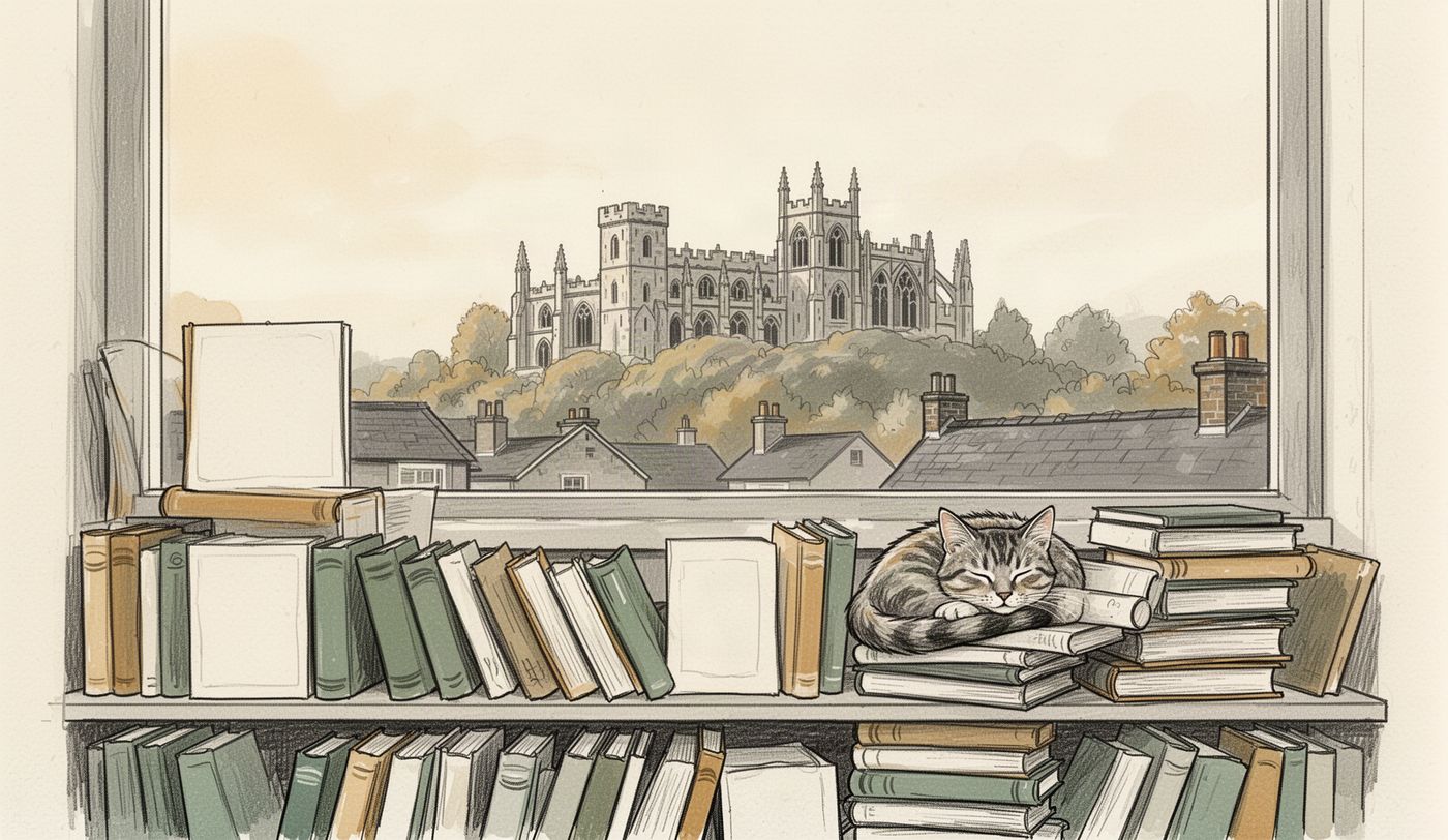 Illustration of a charity shop window in Lancaster