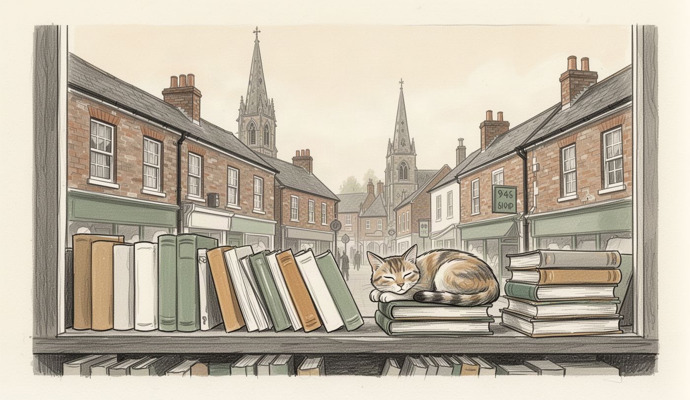 Illustration of a charity shop window in Leicester
