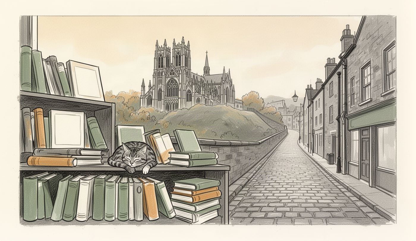 Illustration of a charity shop window in Lincoln