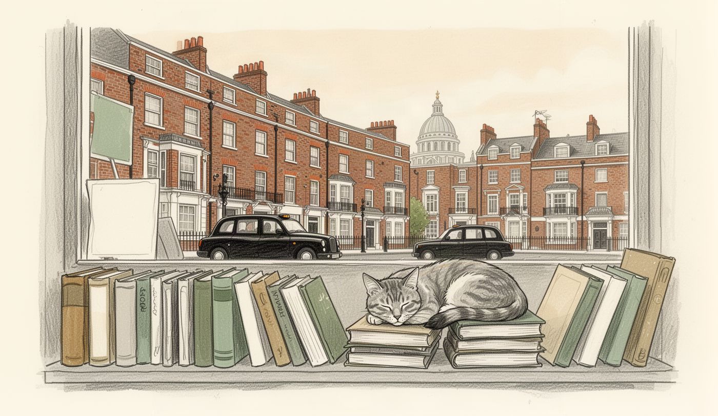 Illustration of a charity shop window in London
