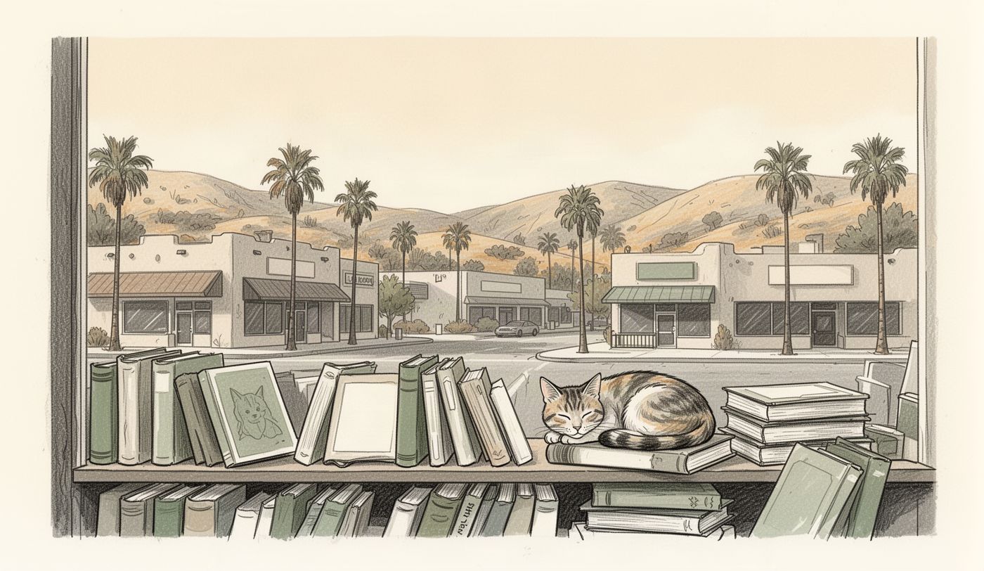 Illustration of a thrift store window in Los Angeles