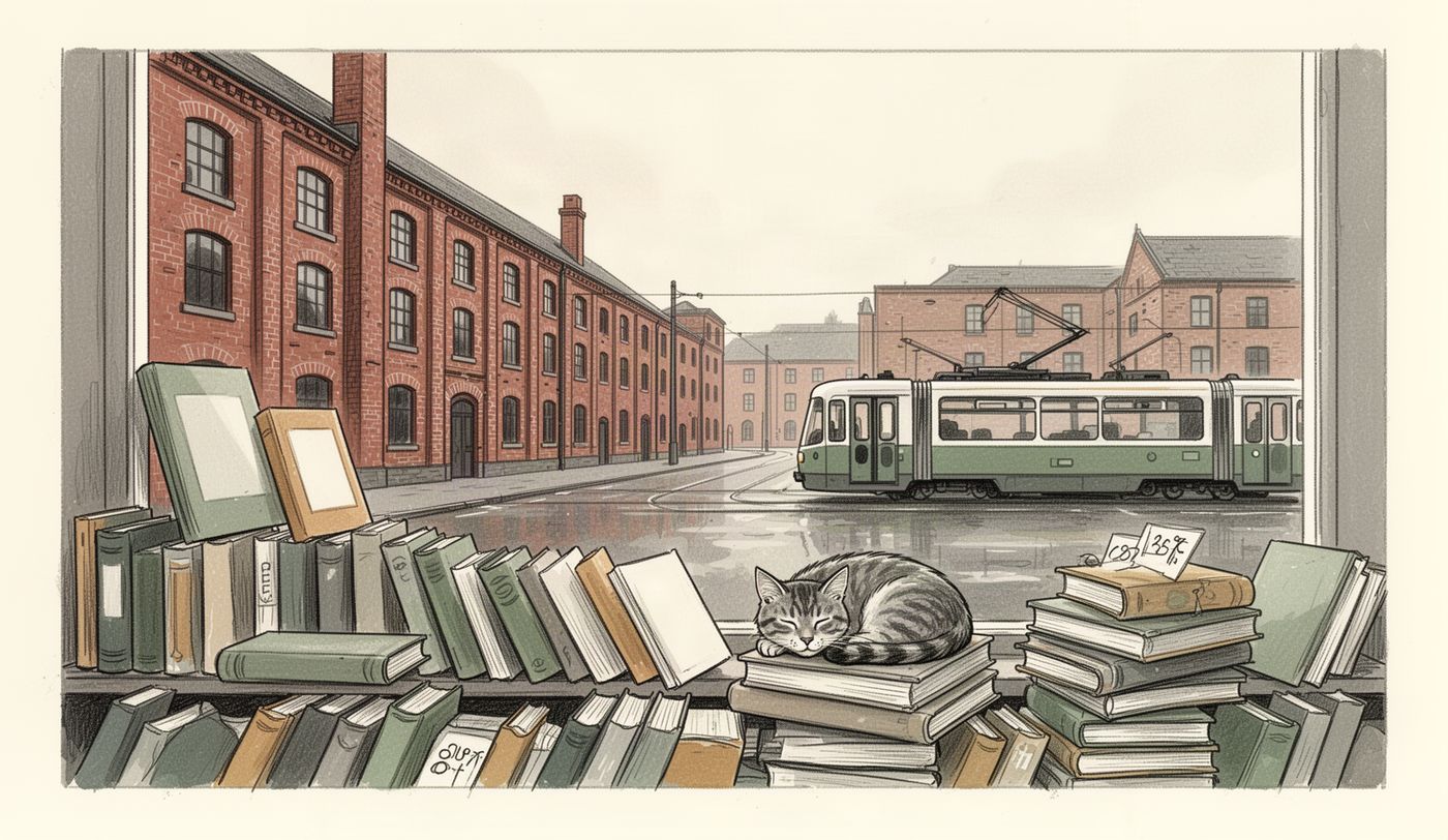 Illustration of a charity shop window in Manchester