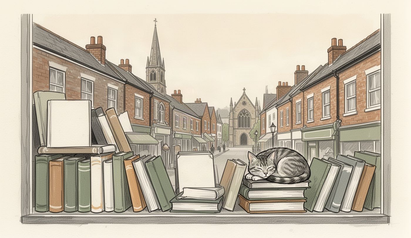 Illustration of a charity shop window in Middlesbrough