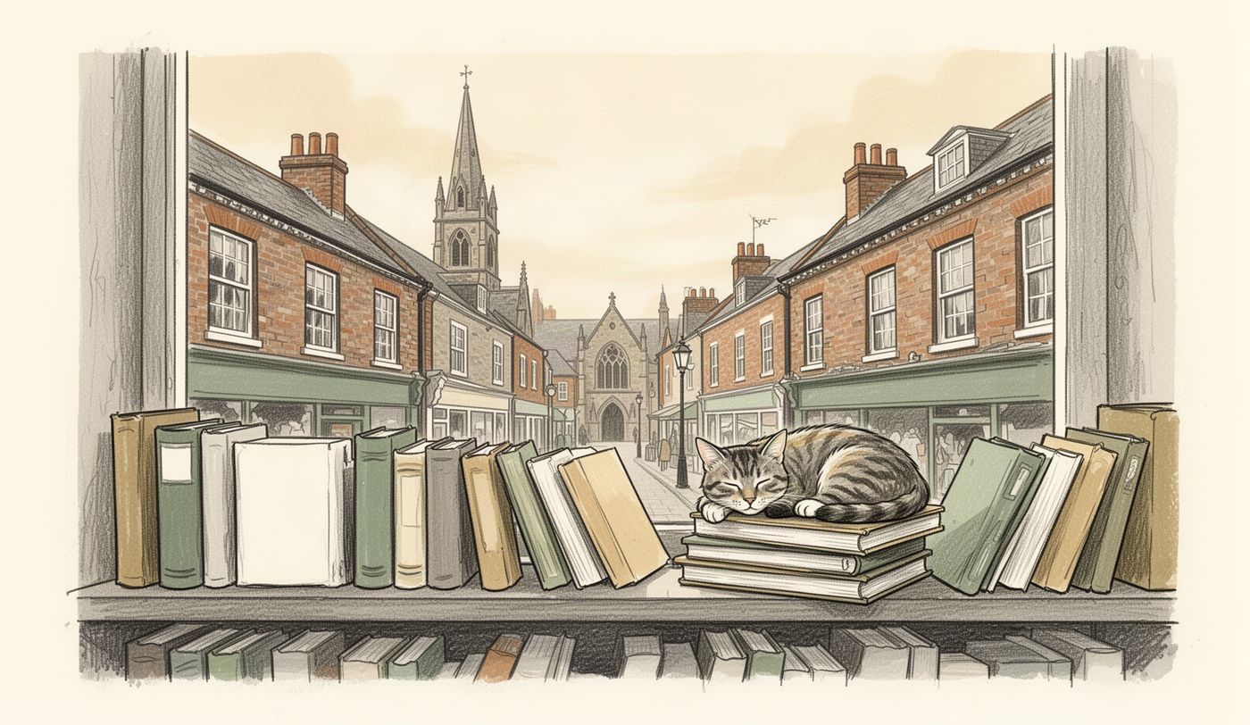 Illustration of a charity shop window in Milton Keynes