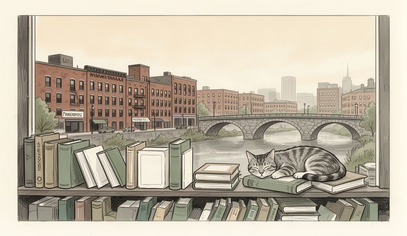 Illustration of a thrift store window in Minneapolis