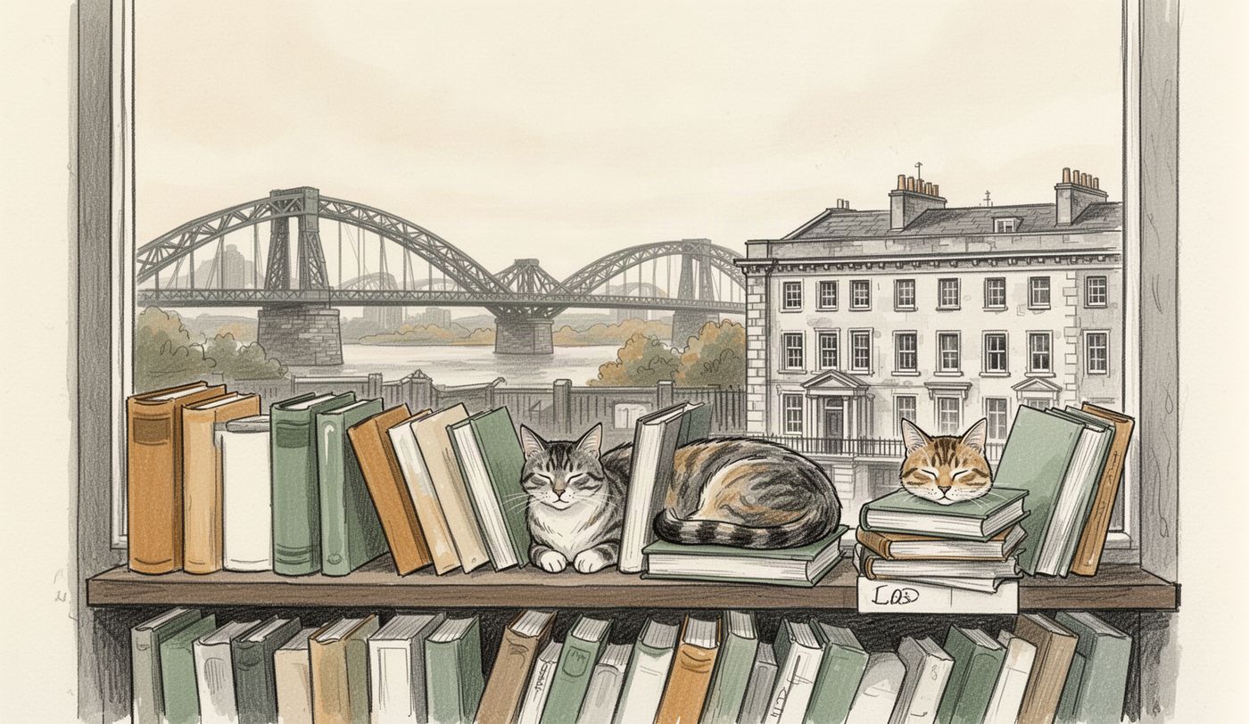Illustration of a charity shop window in Newcastle upon Tyne