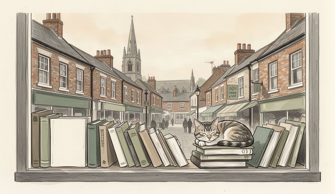 Illustration of a charity shop window in Northampton