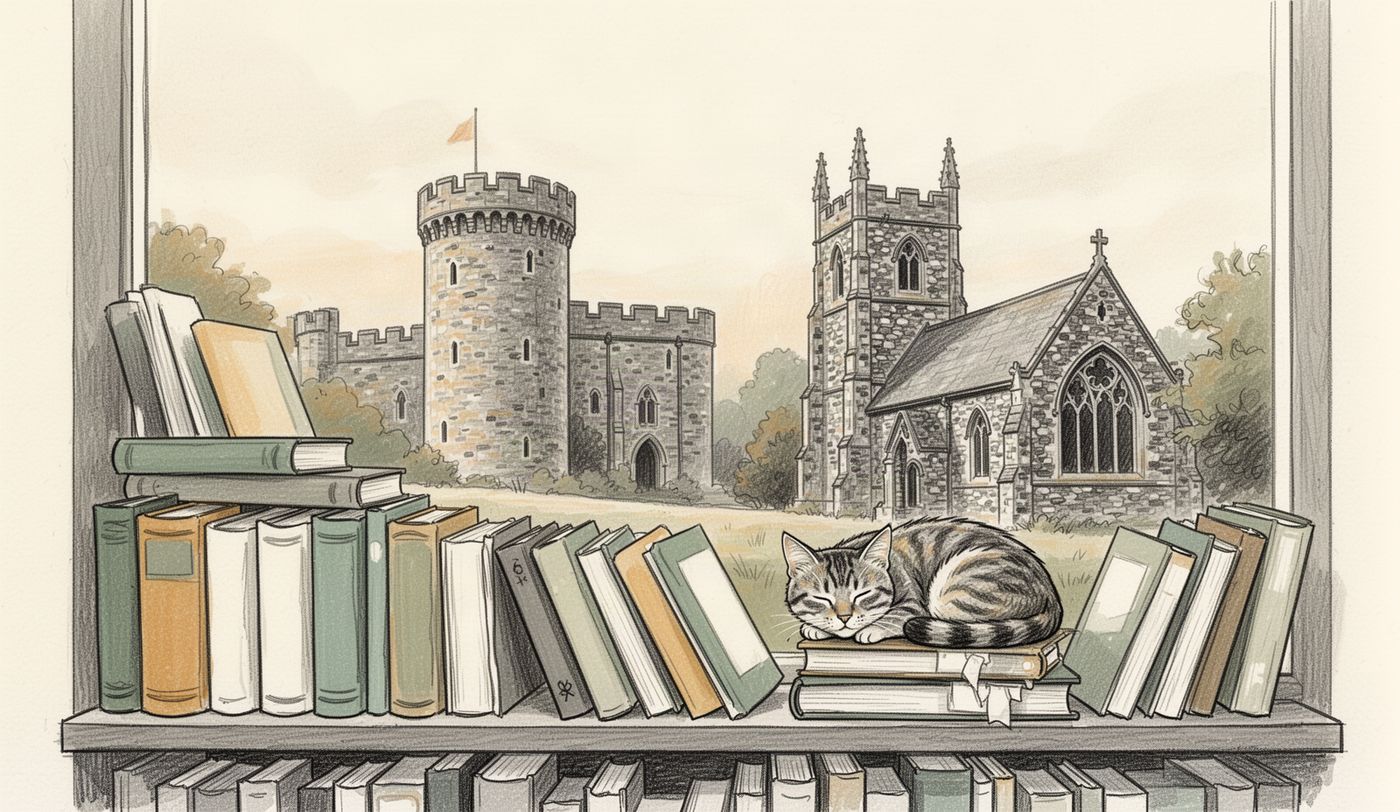 Illustration of a charity shop window in Norwich