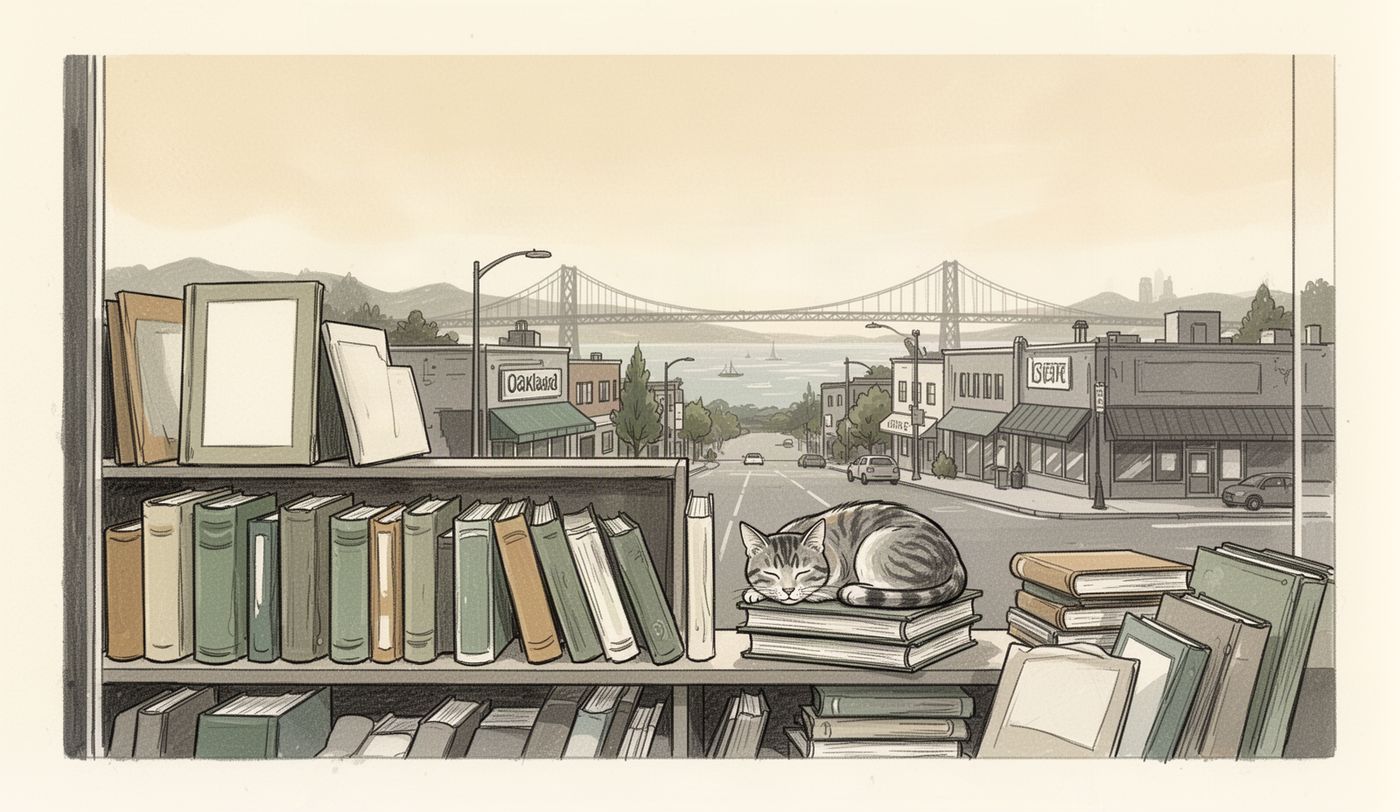 Illustration of a thrift store window in Oakland