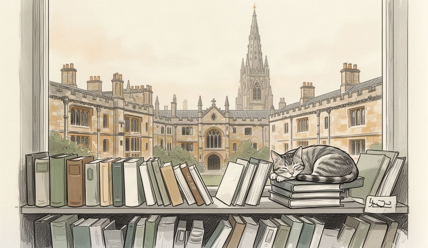 Illustration of a charity shop window in Oxford