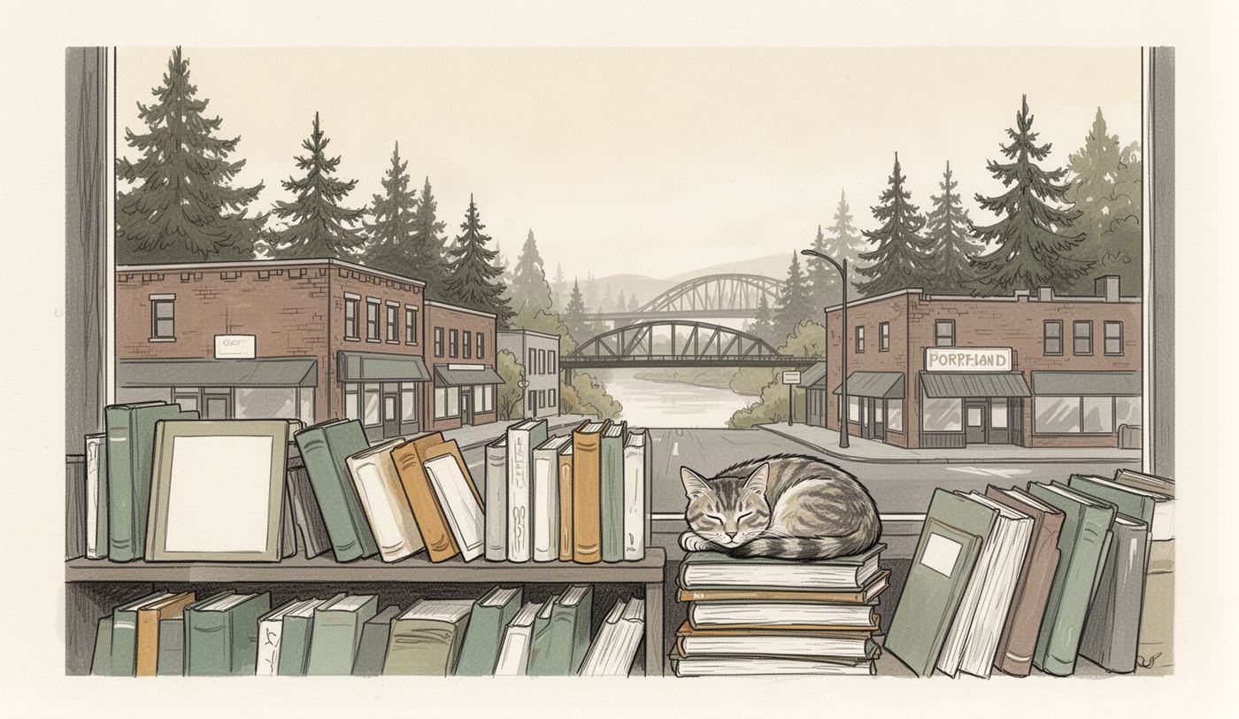 Illustration of a thrift store window in Portland