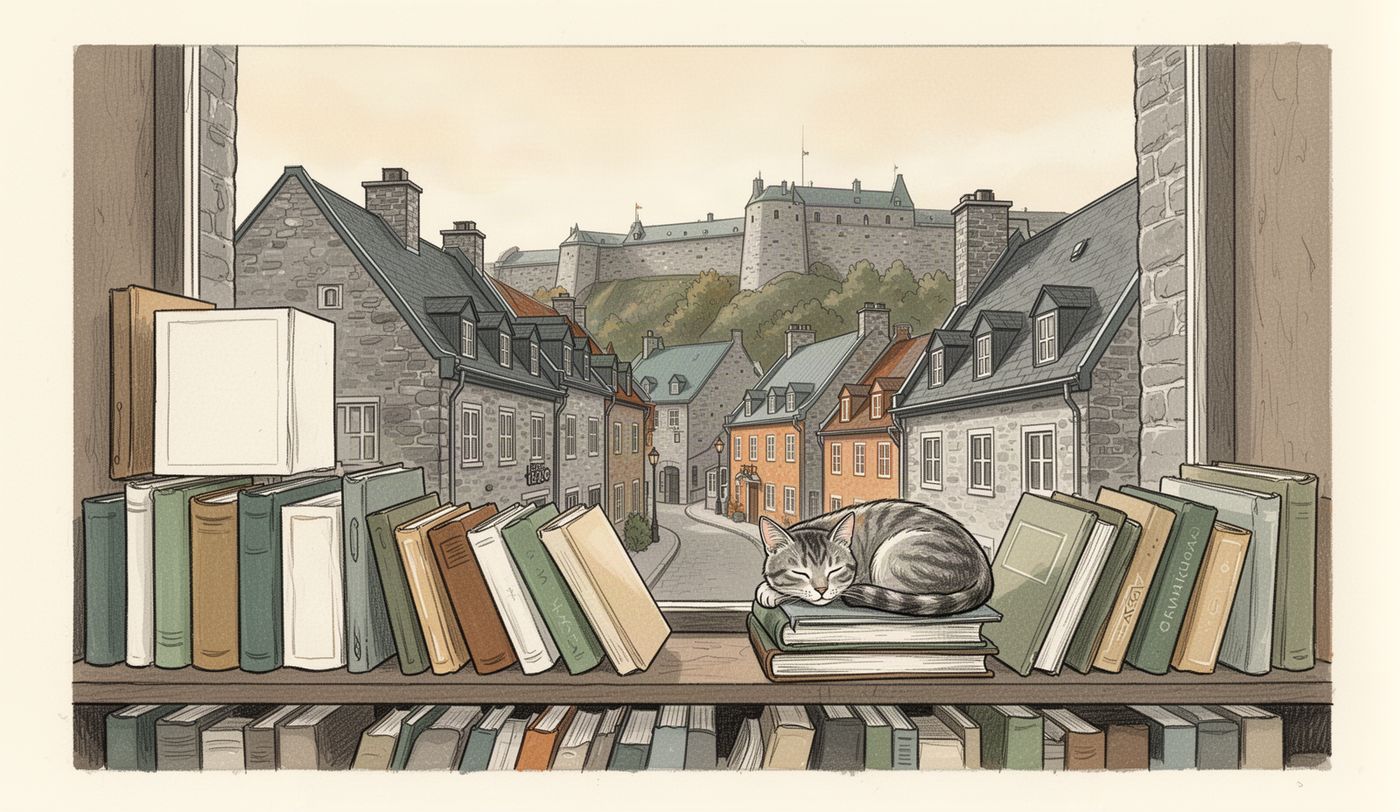 Illustration of a thrift store window in Quebec City