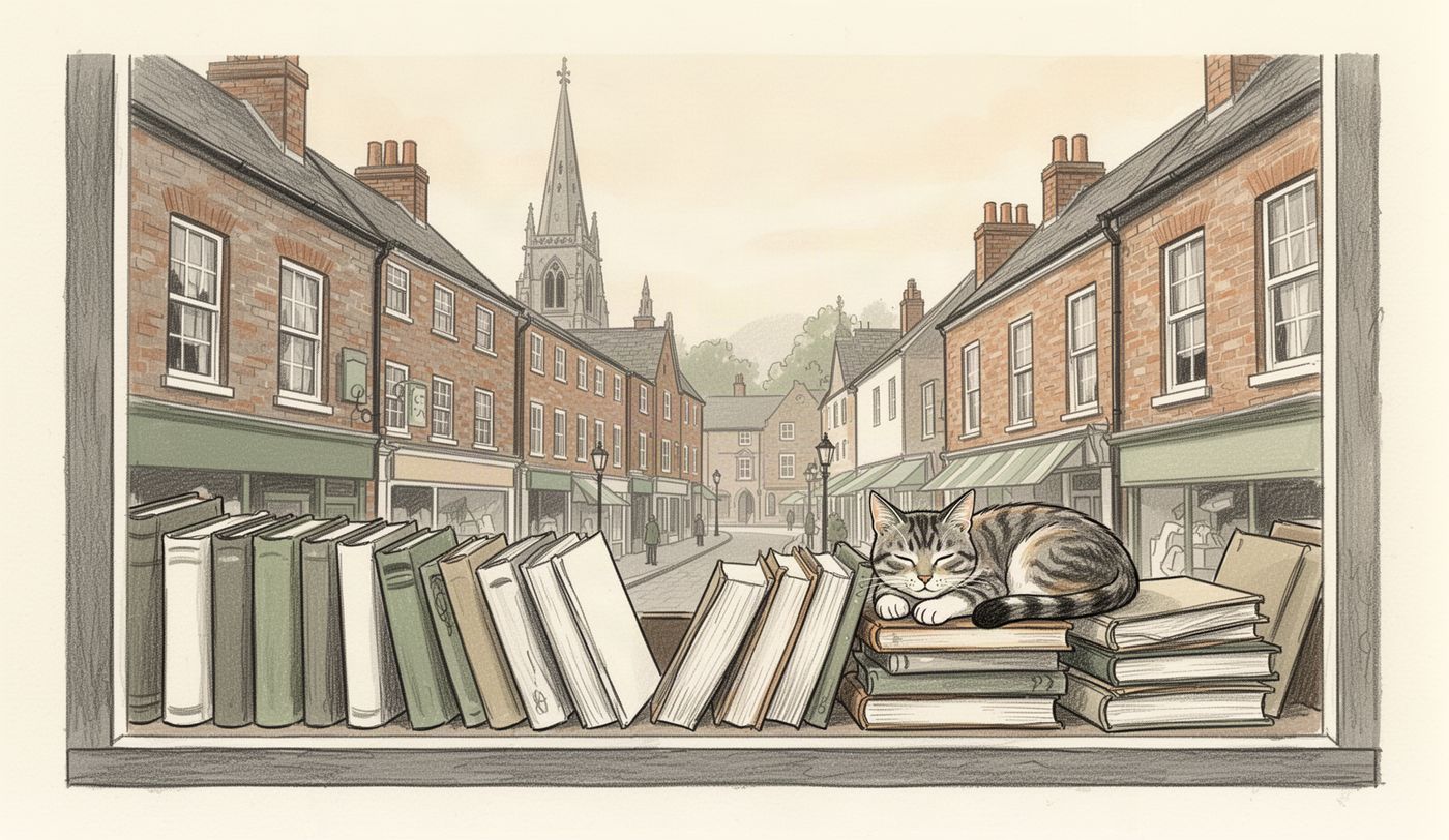 Illustration of a charity shop window in Reading