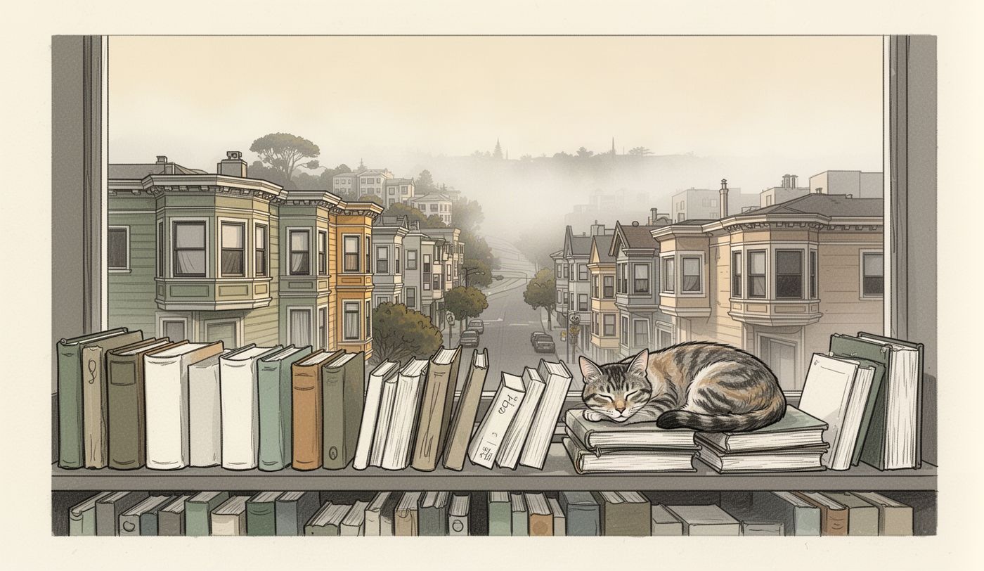 Illustration of a thrift store window in San Francisco