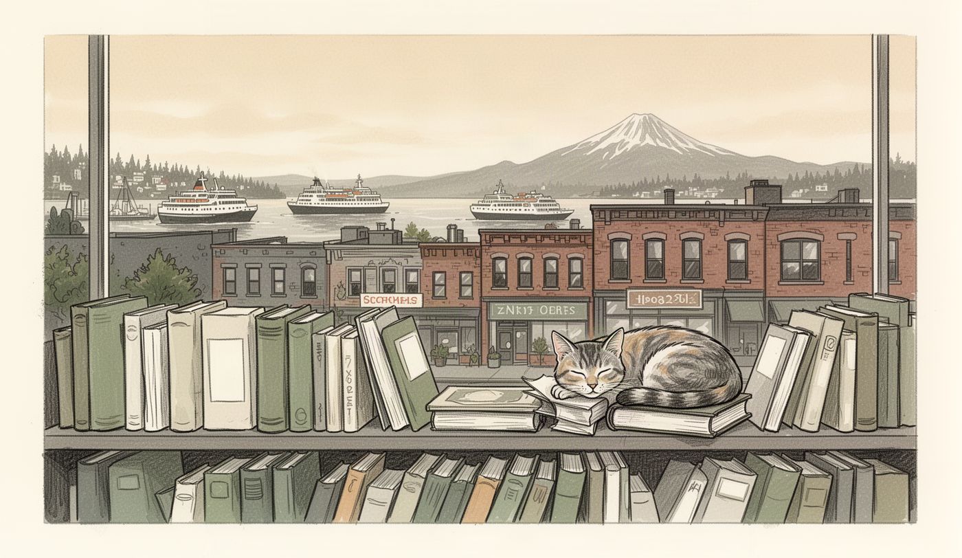 Illustration of a thrift store window in Seattle