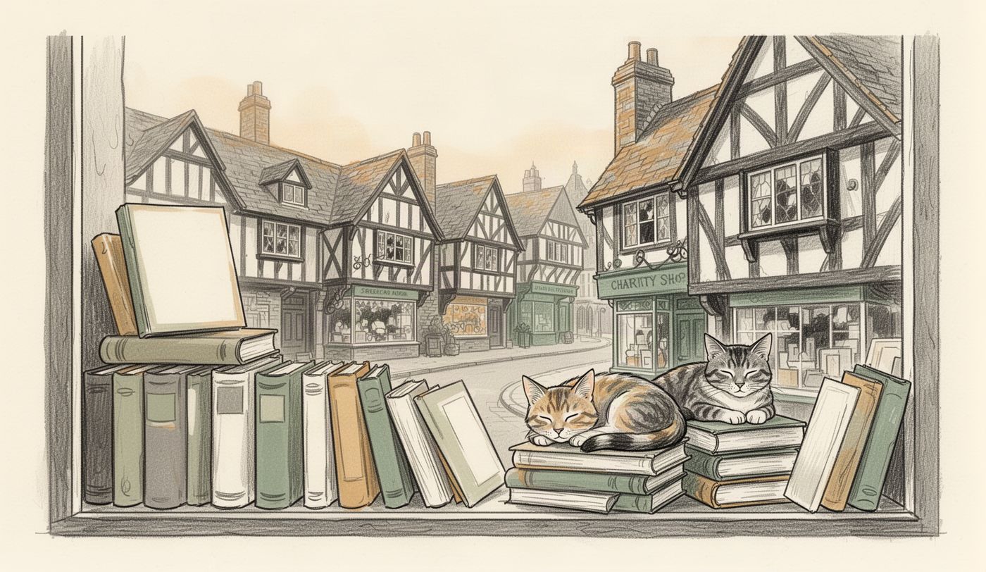 Illustration of a charity shop window in Shrewsbury